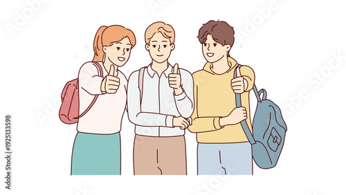 Three friends posing together with backpacks and smiling happily outdoors