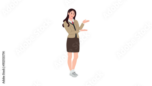 Professional woman demonstrating an open-handed gesture in a presentation setting