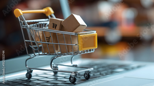 Shopping cart with cardboard boxes on a laptop keyboard in a blurred retail environment