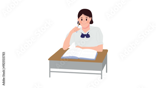 A student deep in thought while sitting at a desk with a book and notebook.