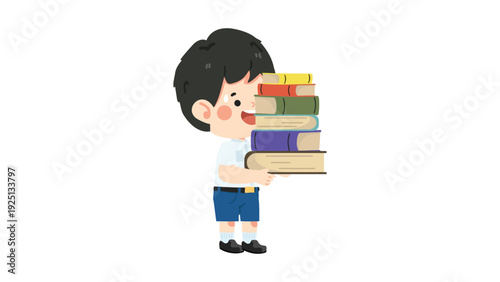 A young student carrying a stack of colorful books under one arm.