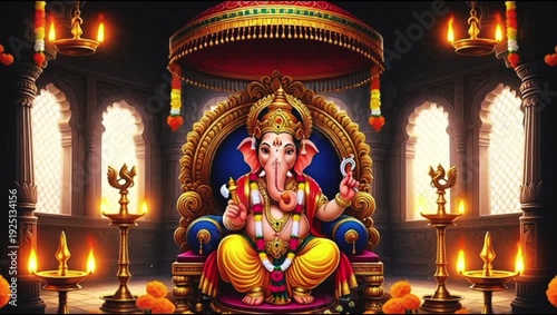 Lord Ganesha idol seated on a throne in an ornate, traditional Hindu temple hall.