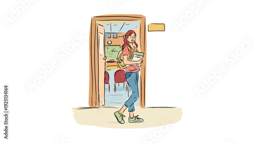 Woman carrying groceries exiting a wooden door into a sunny day