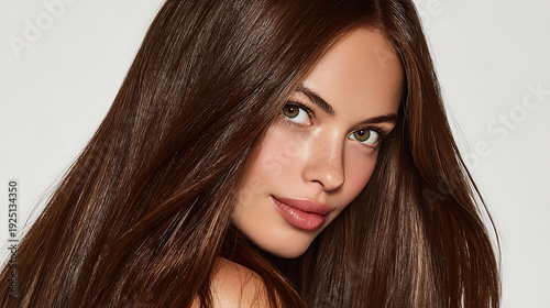 Gorgeous model with long shiny brown hair after keratin treatment on white background