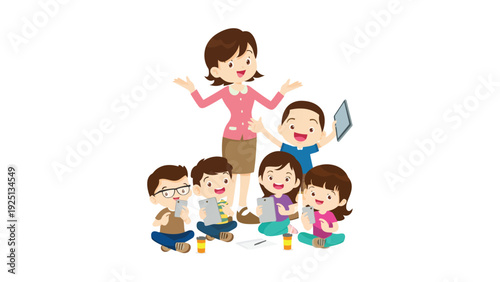 A teacher engaging with a group of enthusiastic young students in a classroom setting