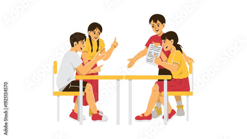 Group of children collaborating over a table with books and papers