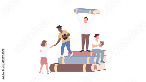 Family enjoying a collaborative reading session with children on a giant book.