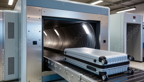 Airport security screening area with X-ray baggage scanner. Suitcase moves on conveyor into scanning tunnel, highlighting aviation safety, inspection process and travel security