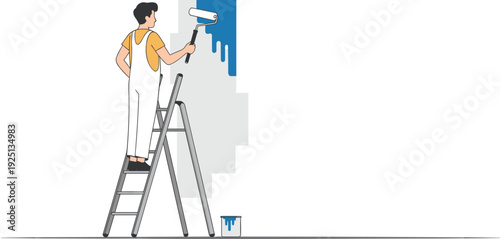 Home renovation concept, man painting wall with roller on ladder, interior decoration, house improvement, maintenance work, flat vector illustration