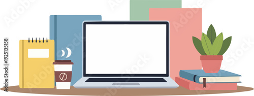 Workspace Modern Study Desk with Laptop and Coffee in Minimalist Style
