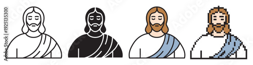Jesus Christ vector icon set. Easter religious avatars: linear with editable stroke, solid, color fill and pixel art. Holy savior portraits collection.