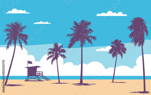 Purple Palm Beach Poster, Featuring Five Tall Purple Palm Trees and a Purple Lifeguard Tower with Black Flag