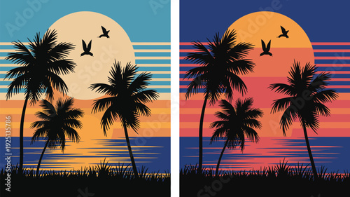 Retro Sunset Poster, Highlighting Twin Sun Scenes with Birds and Bold Color Contrast