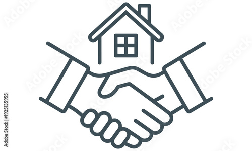 Simple graphic illustration of a handshake with a house above it symbolizing real estate agreement and partnership, conveying trust and cooperation in a business or personal context.