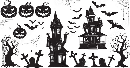 Halloween banner with haunted house. Poster with scary graveyard, full moon, spooky trees, tombstones and lantern pumpkins vector