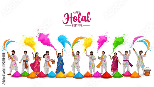 Vibrant Holi celebration with people throwing colorful powders in the air, enjoying the festival with joy and enthusiasm