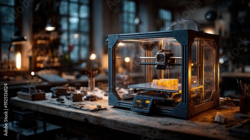 Advanced 3D printer in a dimly lit workshop, showcasing intricate technology and innovation