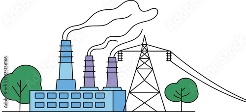 Industrial power plant with smoke chimneys and electricity transmission tower, energy production, pollution concept, flat vector illustration, clean minimal style