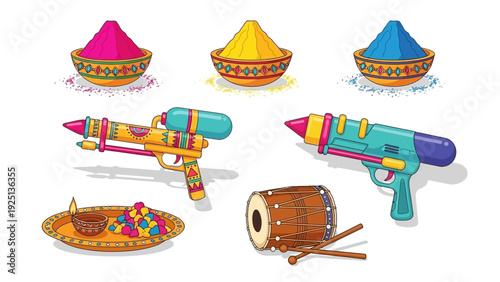 Vibrant Holi celebration elements including colorful hats, water guns, and drums arranged in a festive scene
