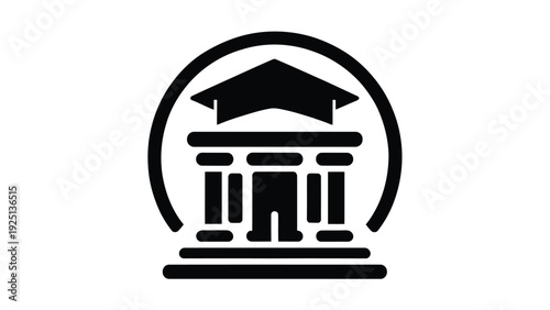 Classic depiction of an academic building with graduation cap symbolizing education