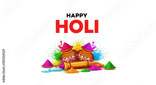 Vibrant celebration of Holi festival with colorful powders and drums in joyful scene