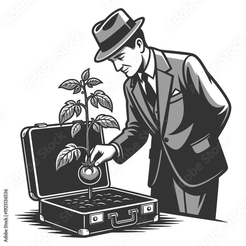businessman nurturing a plant growing from a briefcase, investment growth and sustainable business success sketch engraving generative ai vector illustration. Scratch board imitation. Black and white.