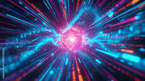 Abstract energy burst with colorful light streaks radiating from glowing center