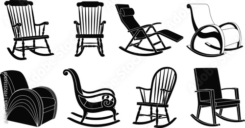 Rocking chair silhouettes vector illustration, furniture design artwork, vintage and modern styles, home decor graphics, classic seating clipart pattern