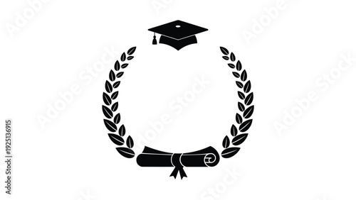 Graduation symbol featuring a mortarboard and laurel wreath with a ribbon.