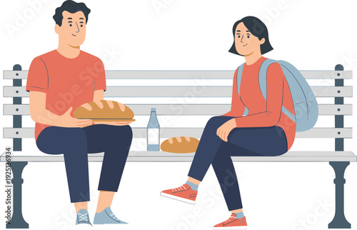 Couple sharing lunch on park bench, outdoor picnic illustration, friendly conversation, urban lifestyle, relaxation, travel break, modern flat vector design