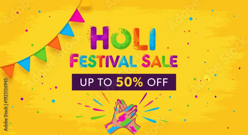 Vibrant Holi Festival Celebration with Colorful Decorations and Sale Advertisement