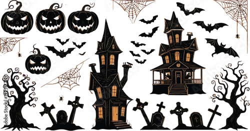 Halloween banner with haunted house. Poster with scary graveyard, full moon, spooky trees, tombstones and lantern pumpkins vector