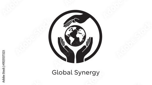 A  black and white logo featuring two hands supporting the Earth within a circular frame, symbolizing global unity and cooperation.