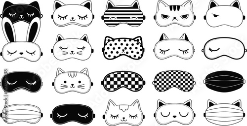 Sleep mask vector illustration, animal face designs, cute eye cover artwork, black and white graphics, bedtime accessory clipart pattern
