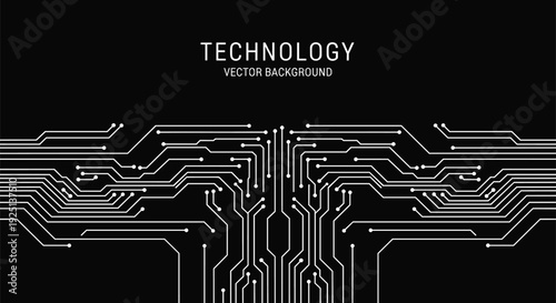 Digital technology vector background with white circuit board pattern on black, electronic motherboard lines network, cad drawing flat vector illustration.