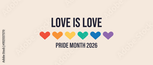 Pride Month banner, Pride Flag colors with heart shape. LGBTQ Rainbow flag with Pride Month 2026