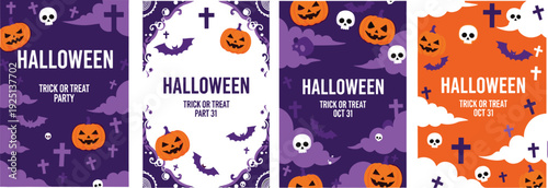 Halloween trick or treat party invitation templates with spooky pumpkins, skulls, bats, and cemetery crosses, cad drawing flat vector illustration.