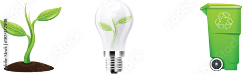 Minimalist trio of eco-friendly design elements featuring a green seedling in soil, a lightbulb with a growing leaf, and a mobile green recycling bin.