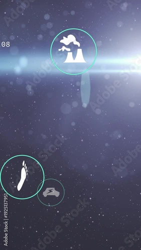 Vertical video: Counter popping teal icons shifting volcano rising rocket drifting showing HUD data