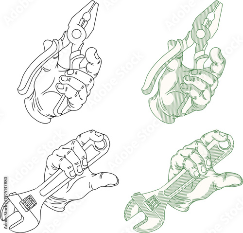 hand holding a wrench and pliers. Dynamic hand gestures with industrial tools in a classic engraving style.for construction, repair service, and craftsmanship themes.