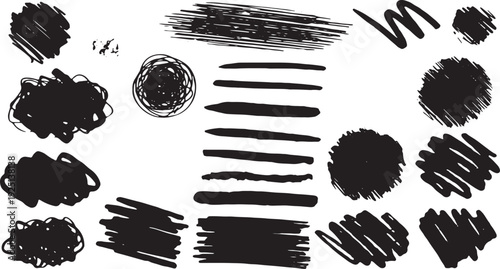 Set of vector paint brush stroke, ink splash and grungy decoration elements. Freehand grunge brush illustration. Black watercolor splatter, texture, frame and abstract background