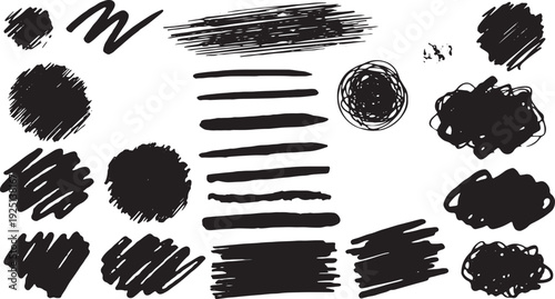 Set of vector paint brush stroke, ink splash and grungy decoration elements. Freehand grunge brush illustration. Black watercolor splatter, texture, frame and abstract background