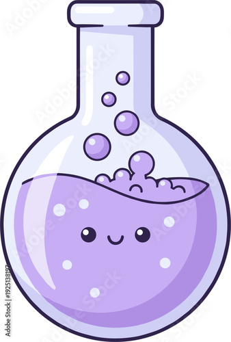 Cute Cartoon Potion Bottle With Happy Face Bubbles And Purple Liquid In A Laboratory Flask