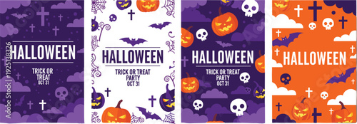 Spooky Halloween banner with carved pumpkins, white skulls, flying bats, and hanging spiders on blue background, cad drawing flat vector illustration.