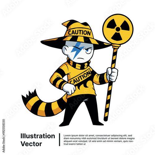 A cartoon character in a yellow caution suit holding a radiation sign, illustrating a hazardous scene.