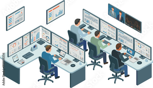 Business analytics control room illustration, data monitoring team workspace, multiple screens dashboard, corporate technology office, isometric vector design