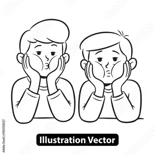 Two boys showing different emotions with concerned and sad facial expressions in a simple line illustration vector graphic