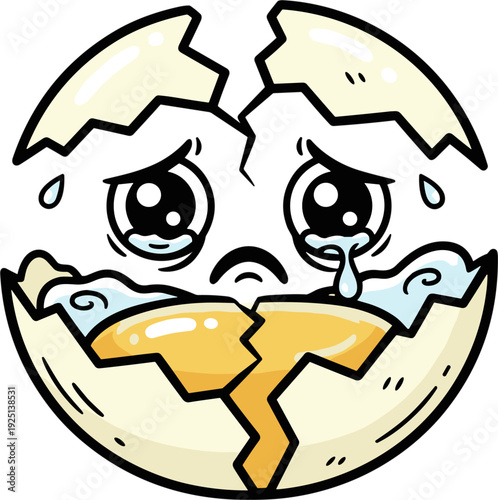 Sad Crying Egg Character Cracking Open With Yellow Yolk And White Inside Cartoon