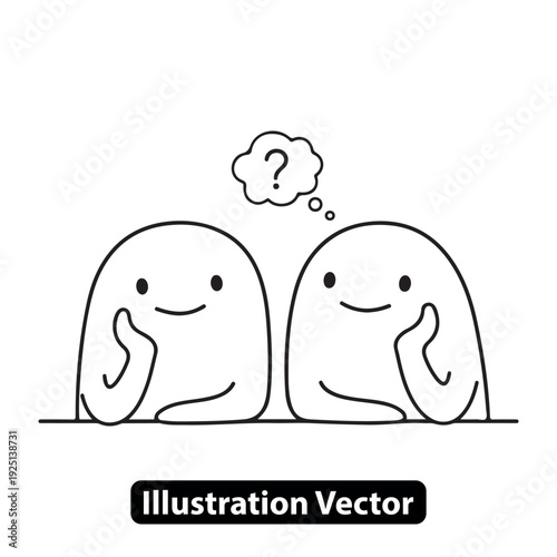 Two thinking characters contemplating with puzzled expressions in a simple illustration vector graphic