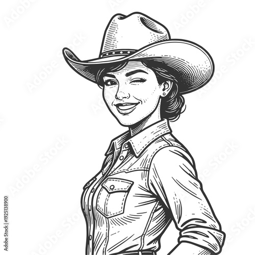 cheerful cowgirl wearing a western hat and denim shirt, winking with playful country charm sketch engraving generative ai fictional character vector illustration. Scratch board. Black and white image.